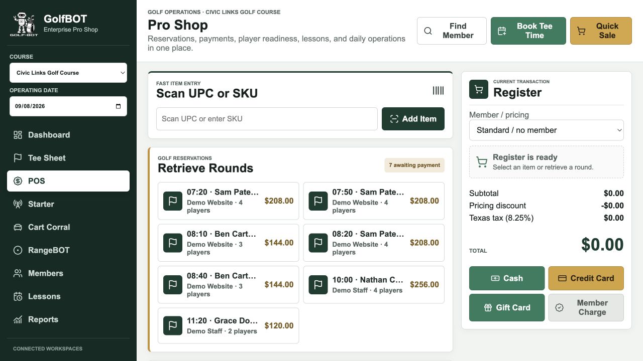 GolfBot point of sale with retrieve rounds and payment register